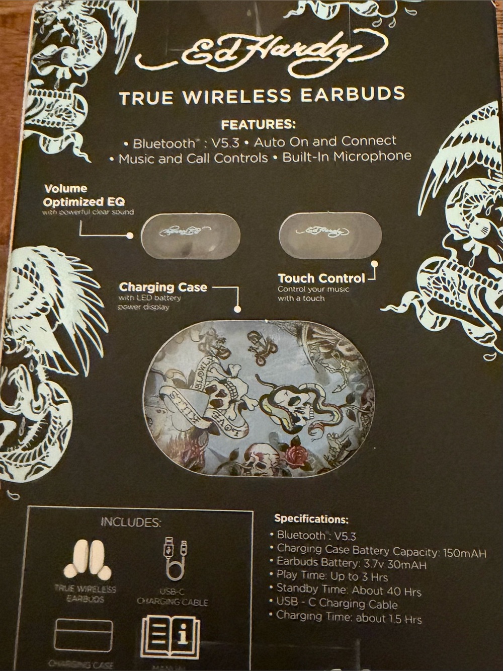 Ed Hardy True Wireless Earbuds - Black with Light Blue Graphic Case - Picture 4 of 5